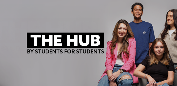 Group shot of students as part of 'I Am Northumbria'. There is text embedded that reads: "The Hub. By students. For students."