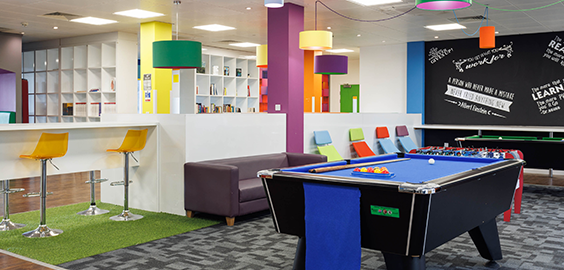 Accommodation social space- colourful room with pool table