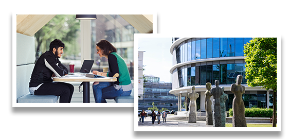 Two overlapping photos showing scenes of Northumbria facilities, one with two people sitting and talking in the library and another of the external of a building with statues in front of it