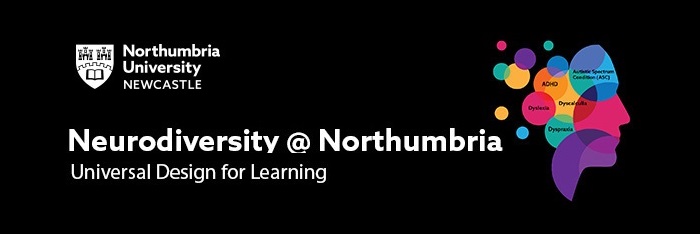 Wide black banner with white font 'Neurodiversity @ Northumbria' next to the side profile of a person