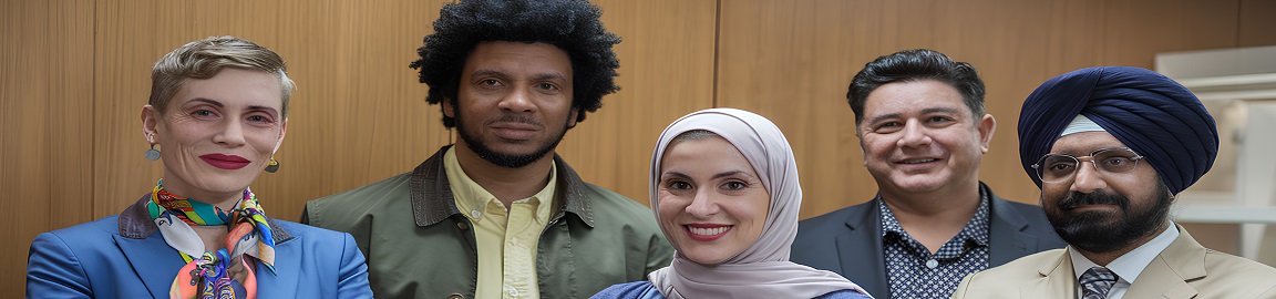 Four people stood in front of a wooden panelled wall 