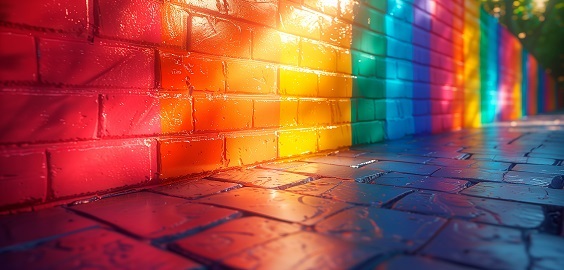 Brick wall painted with rainbow colours 