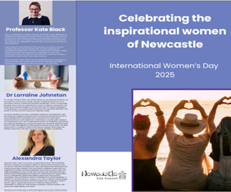 Celebrating the inspirational women of Newcastle: International Women's Day 2025, featuring images of Professor Kate Black, Dr Lorraine Johnston and Alexandra Taylor.