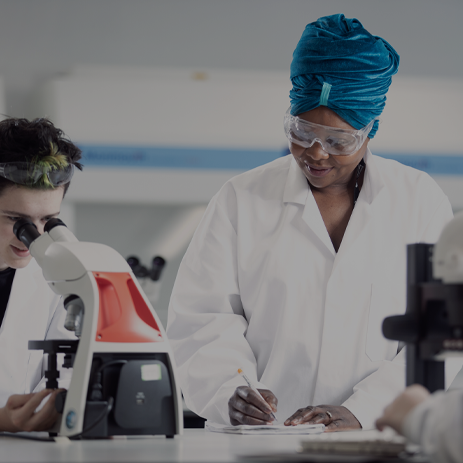 Two research students gathered around a microscope, doing some analysis