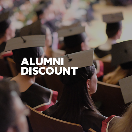 Graduation image with white text 'Alumni Discount'