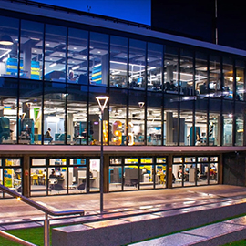 a store front at night