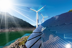 Image showing solar panels and wind turbines on a sunny day