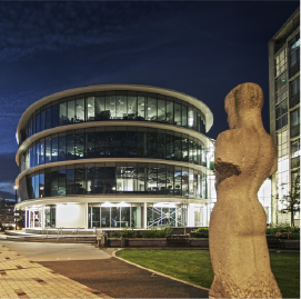 Black and white photo of University computer building