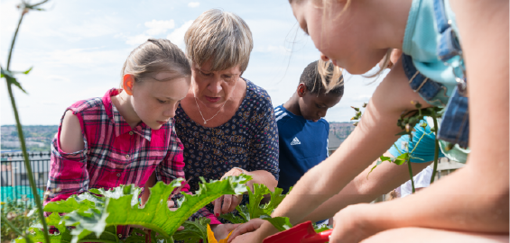 adults and children gardening