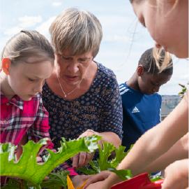 adults and children gardening
