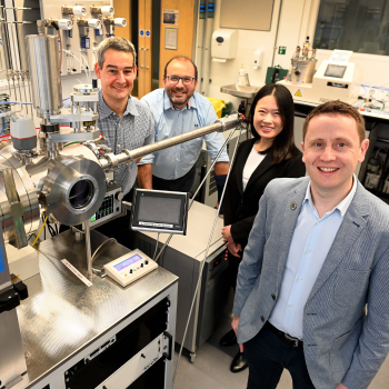 Caption: L-R:  Prof Guillaume Zoppi, Dr Vincent Barrioz, Dr Lu Xing and Prof Neil Beattie from the ReNU+ team at Northumbria University