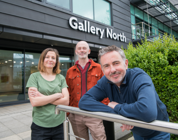 Caption: MFA student Celia Burbush, MFA co-Programme Leader Gavin Butt and Deputy Head of Arts, Steve Gilroy, are pictured outside the new look Gallery North. Caption: MFA student Celia Burbush, MFA co-Programme Leader Gavin Butt and Deputy Head of Arts, Steve Gilroy, are pictured outside the new look Gallery North.
