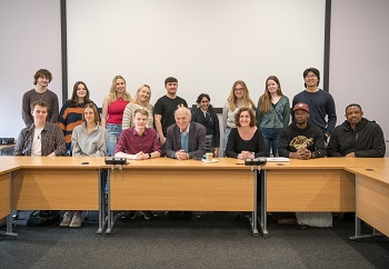 Caption:Sir Vince Cable pictured with students from Northumbria University's Mass Communication BA (Hons) programme