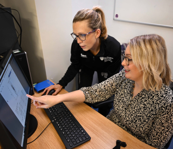 Caption: Research Fellow, Dr Julia Das, pictured with Dr Rosie Morris in the Physiotherapy Innovation Lab at Northumbria University.