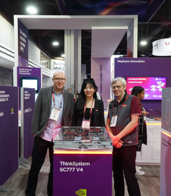 Caption: Dr Matthew Bashton from Northumbria University is pictured with Lenovo's Simon Thompson, Director of HPC Solutions, and April Chen, Senior Manager Supercomputing Systems.