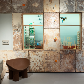 Caption: Mycelium insulation is used in the converted flat set in 2049, designed by the Interaction Research Studio as part of the Real Rooms project at the Museum of the Home.