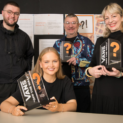 Cameron Poole, Olivia Mackinnon, Christopher Hodge and Gayle Cantrell with the three size? awards won by Northumbria University.