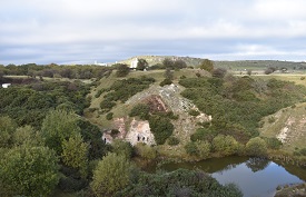 image shows an area in the peak district with hills, trees and a small lake