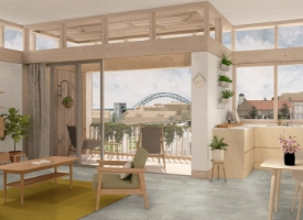 a room filled with furniture and a large window