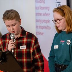 Lukas and Heather making a speech at the IntoUniversity Gateshead centre launch
