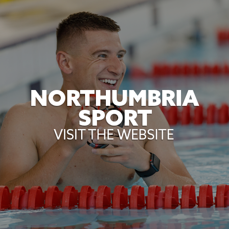 Image: swimmer stood in a pool. Text: "Northumbria Sport - Visit the website"