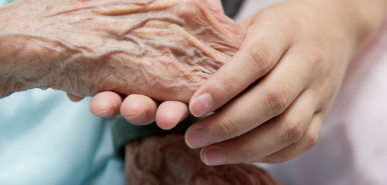 Nurse's hand holding older person's hand. 