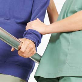 a man in a blue uniform holding their hands up