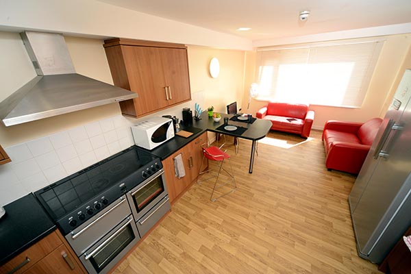 a kitchen with a wood floor
