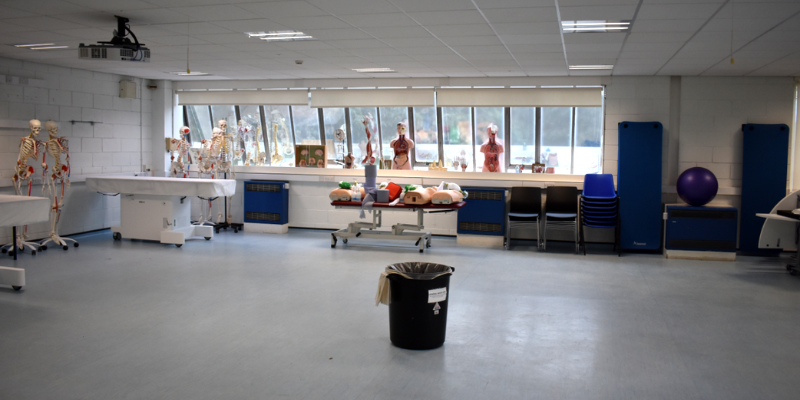 Medical teaching space with anatomy models.