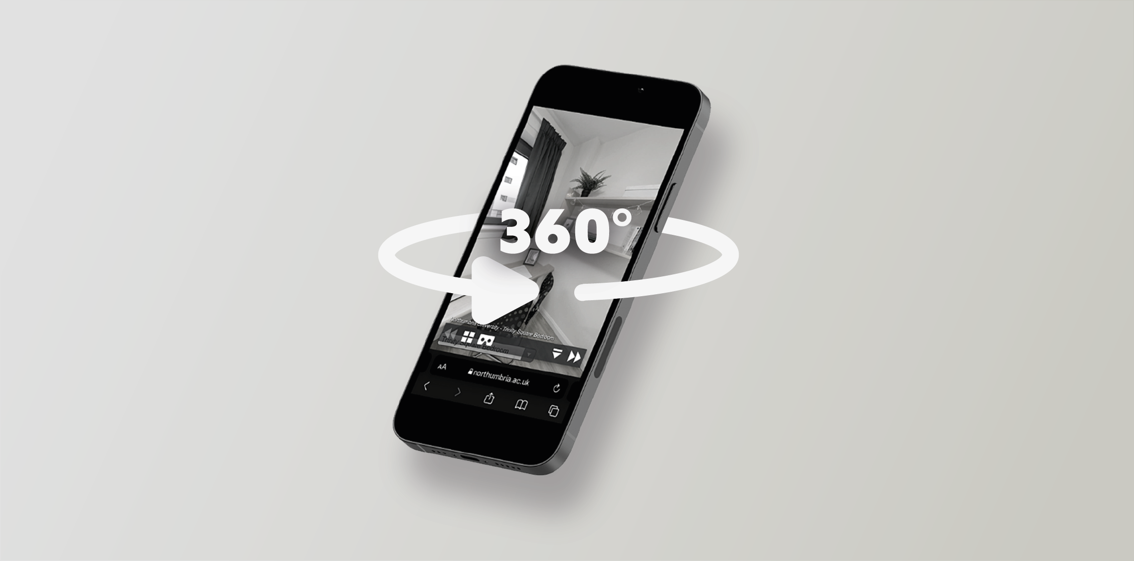 Image of a phone floating against a grey background, with a white 360° arrow.