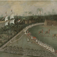 Image of old painting featuring sailboat and landscape