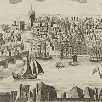 Image of painting showing a harbour scene with sailboat