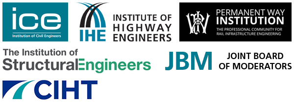 Logos of: Institution of Civil Engineers, Institute of Highway Engineers, Permanent Way Instituion, The Institution of Structural Engineers, Joint Board of Moderators and Chartered Institution of Highways and Transportation.